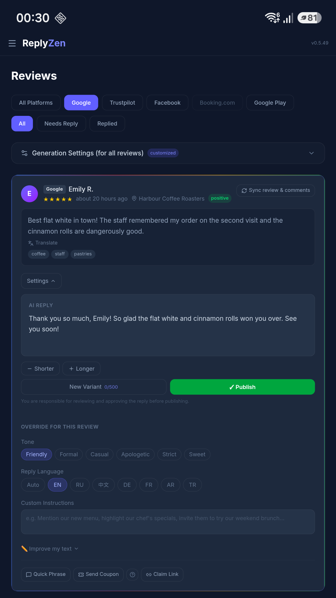 AI review replies that sound like you